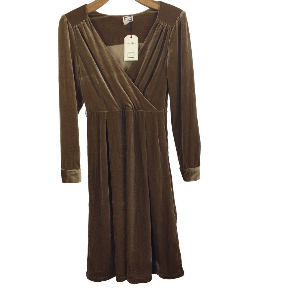 Mo: Vint Womens Velvet Faux Wrap V-Neck Long Sleeve Dress Camel Size Small NWT